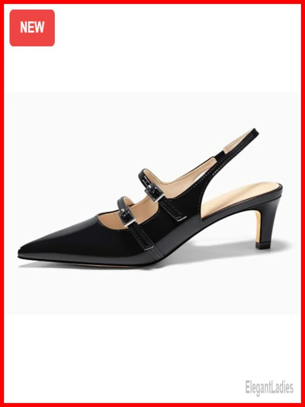 Coutgo Womens Slingback Kitten Heels Mary Jane Pumps Pointed Toe Buckle Straps